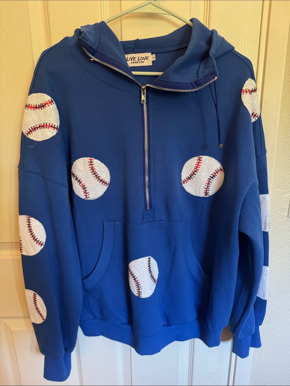 Live Love GameDay Royal Blue V-Neck Sweater with Baseball Motif